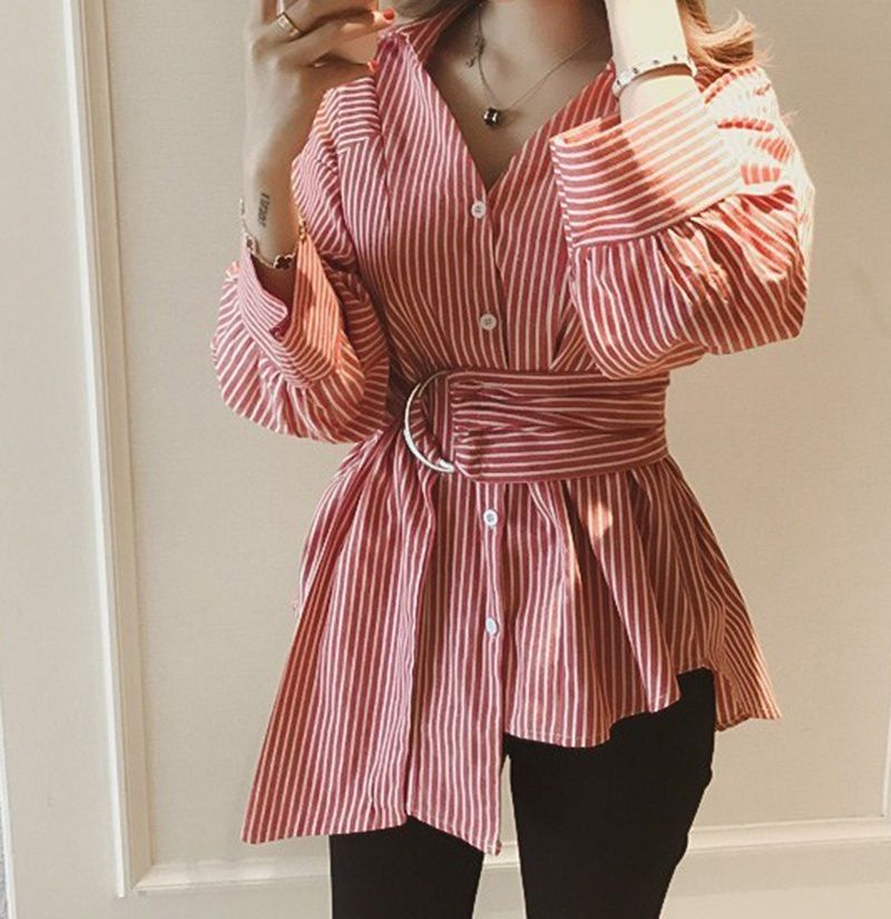 Stylish Asymmetrical Red Striped Women Shirt