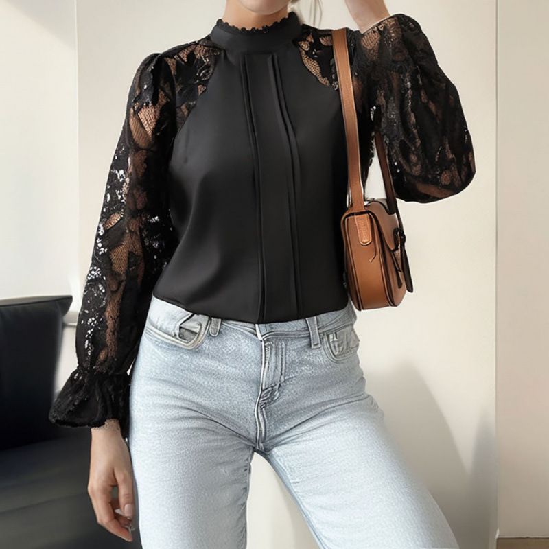 Elegant High Neck Long Lace Sleeve Women Blouse