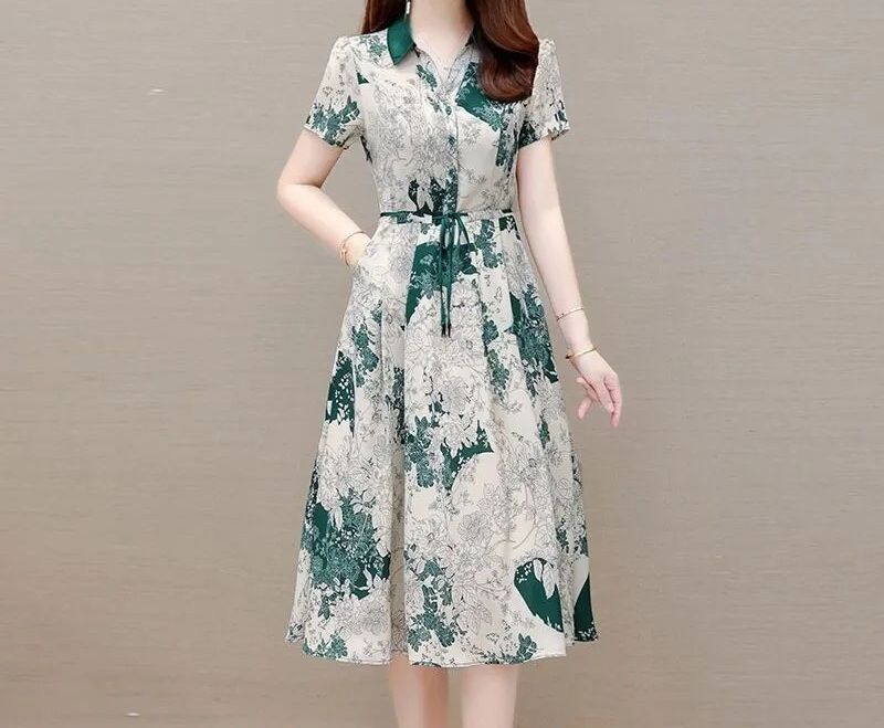 Summer Print Elegant Fashion Aesthetic Chic Dress Women Short Sleeve