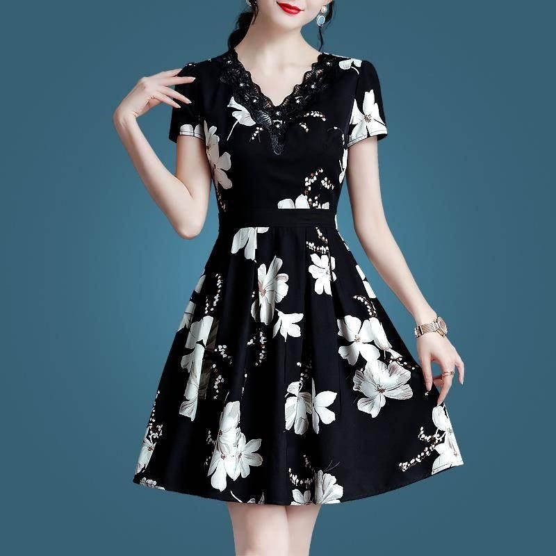 Elegant Women Black Floral Midi Dress