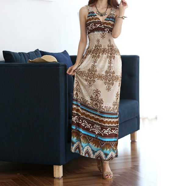 Bohemian Women Maxi Dress with Laced Straps