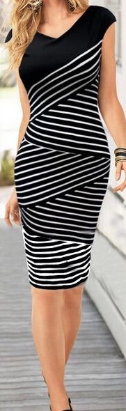 Black and white striped summer women&#39;s dress slim pencil skirt