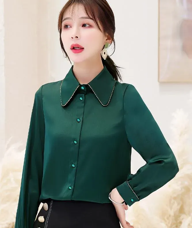 قميص نسائي فضفاض بأكمام كاملة أخضر داكن جذاب