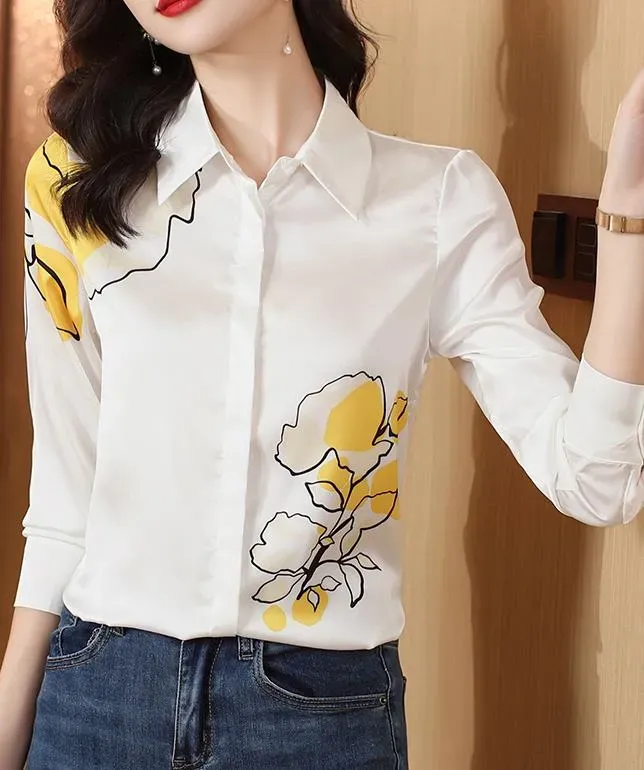 Women White Stylish Shirt with Printed Yellow Floral