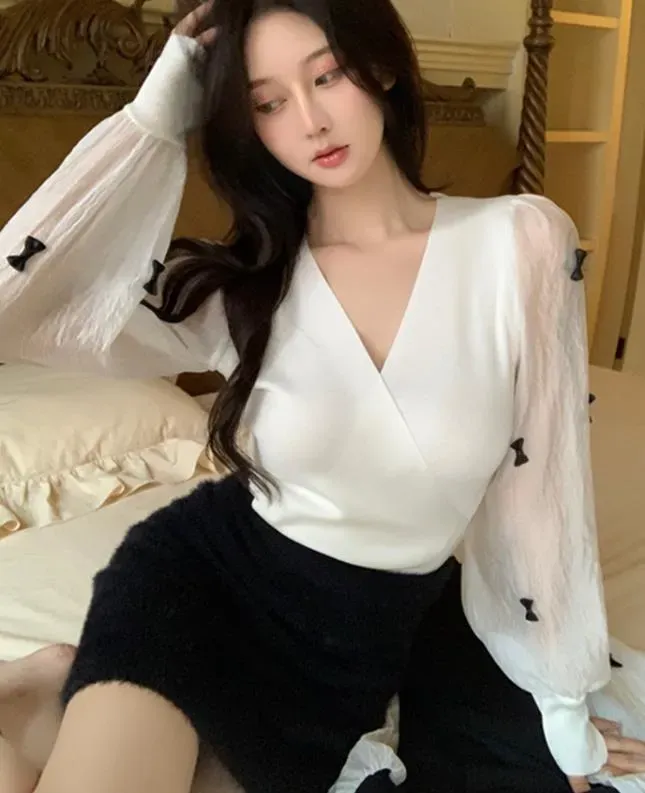 Woman Puff Transparent Sleeve Solid Crop Top