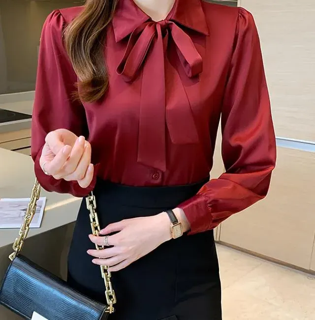 Elegant Women Burgundy Blouse Bow Tie Blouse