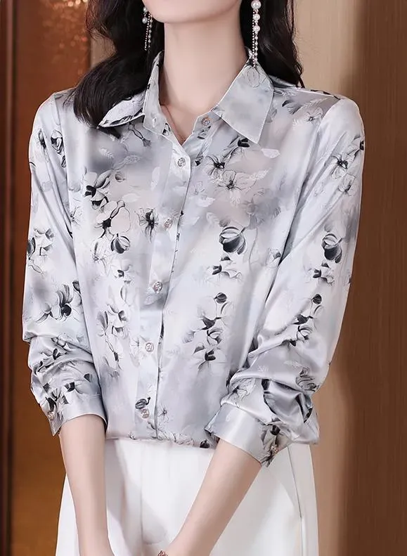Elegant Grey  Floral Print Collar Women Shirt