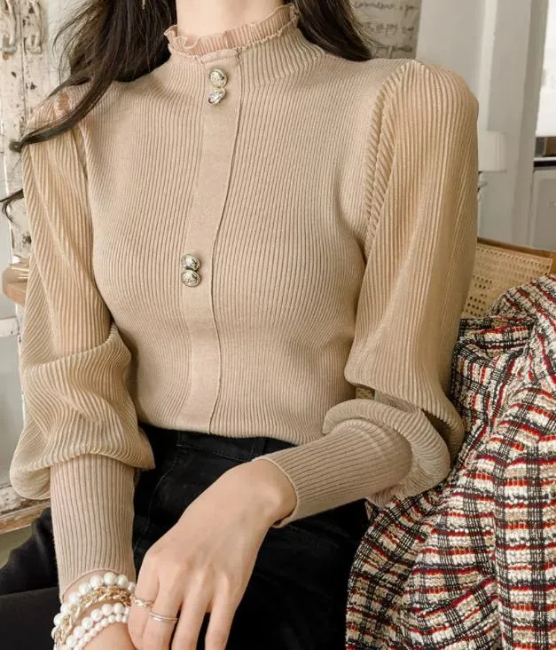Woman Chiffon Lantern Sleeve Knitted Sweaters