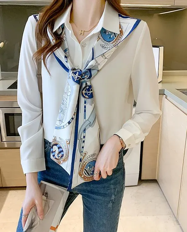 Casual Beautiful Print Long Bow Tie Woman Blouse