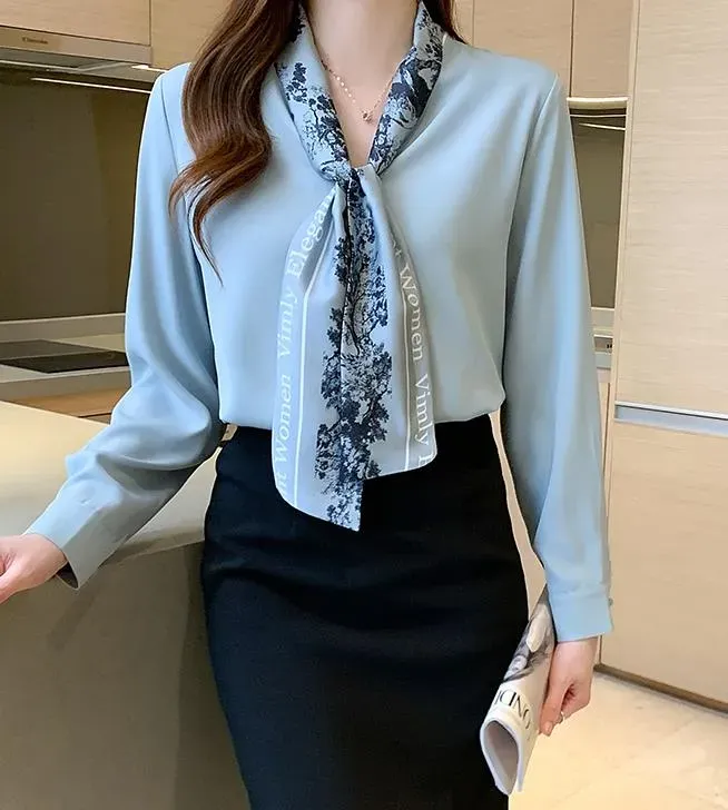 Elegant Blue Woman Blouse Long Bow Tie