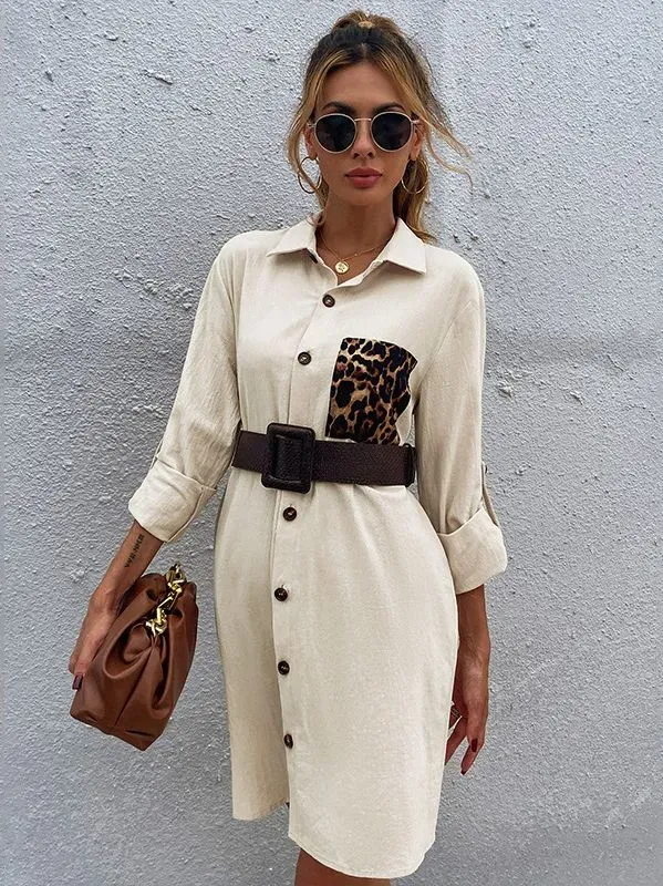 Stylish Woman Shirt Dress with Leopard Print Pocket