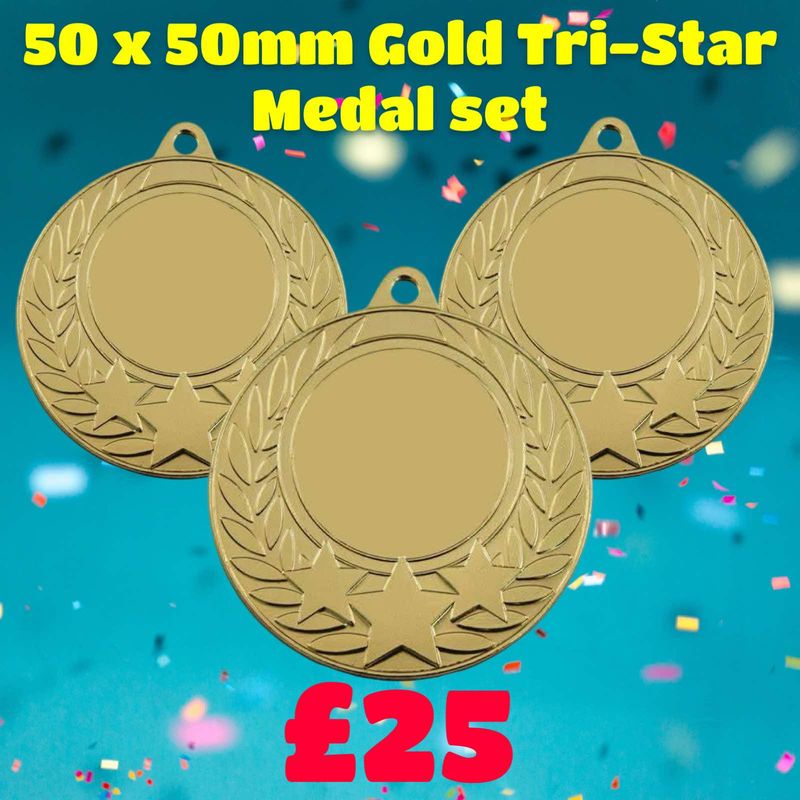 50 X 50MM GOLD TRI STAR MEDAL SET