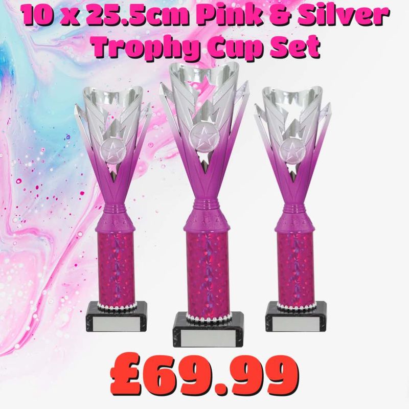 10 X SILVER & PINK TROPHY CUP SET