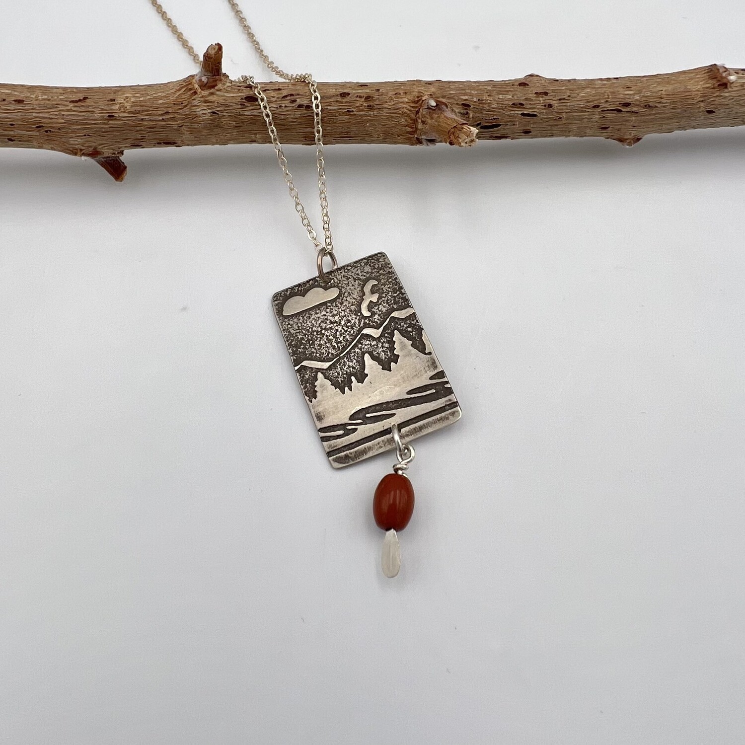 Mountain and Trees Sterling Silver Pendant with Golden Orange Jasper