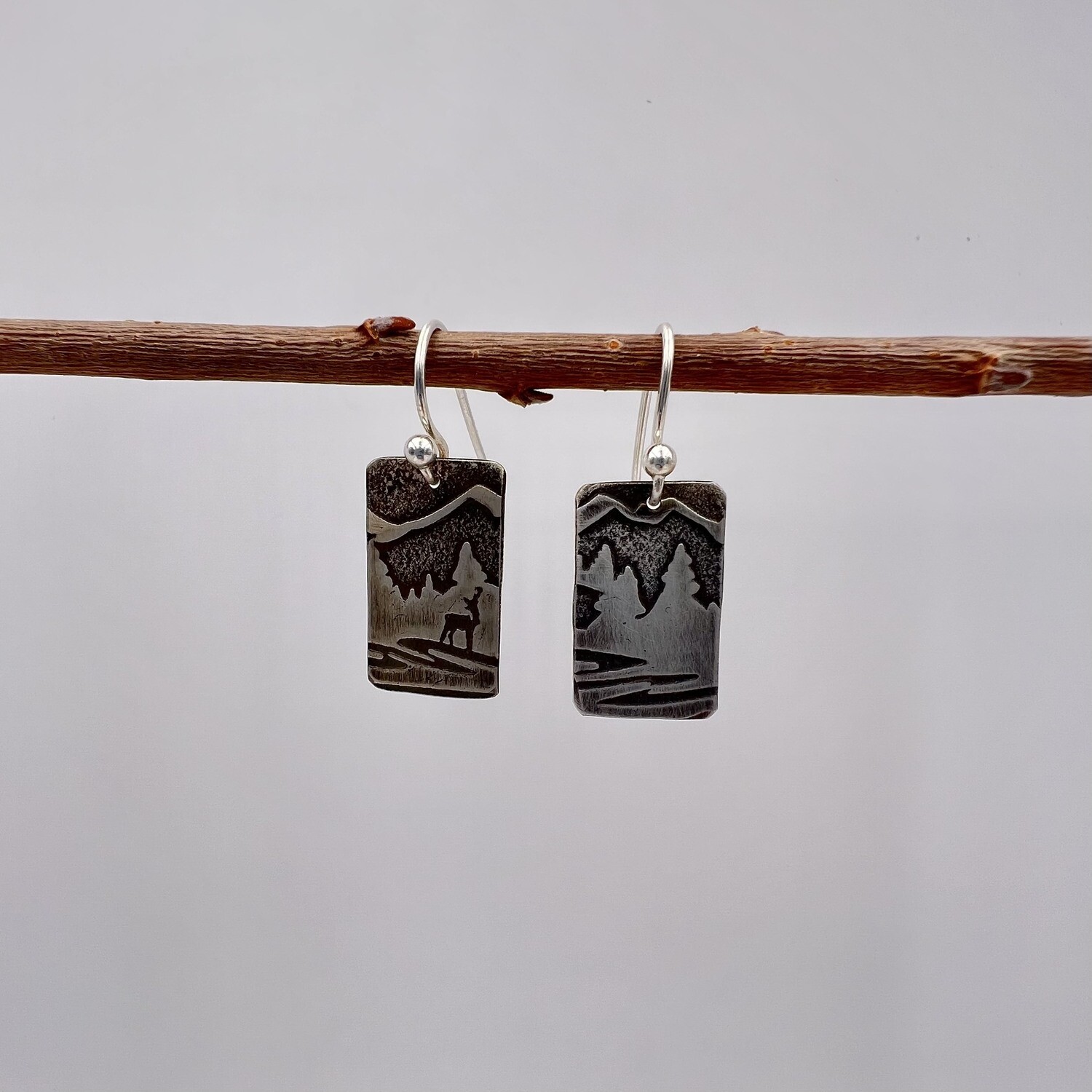 Oxidized Sterling Silver Deer in the Mountains & Trees Earrings Oxidized Sterling Silver Deer in the Mountains & Trees Earrings