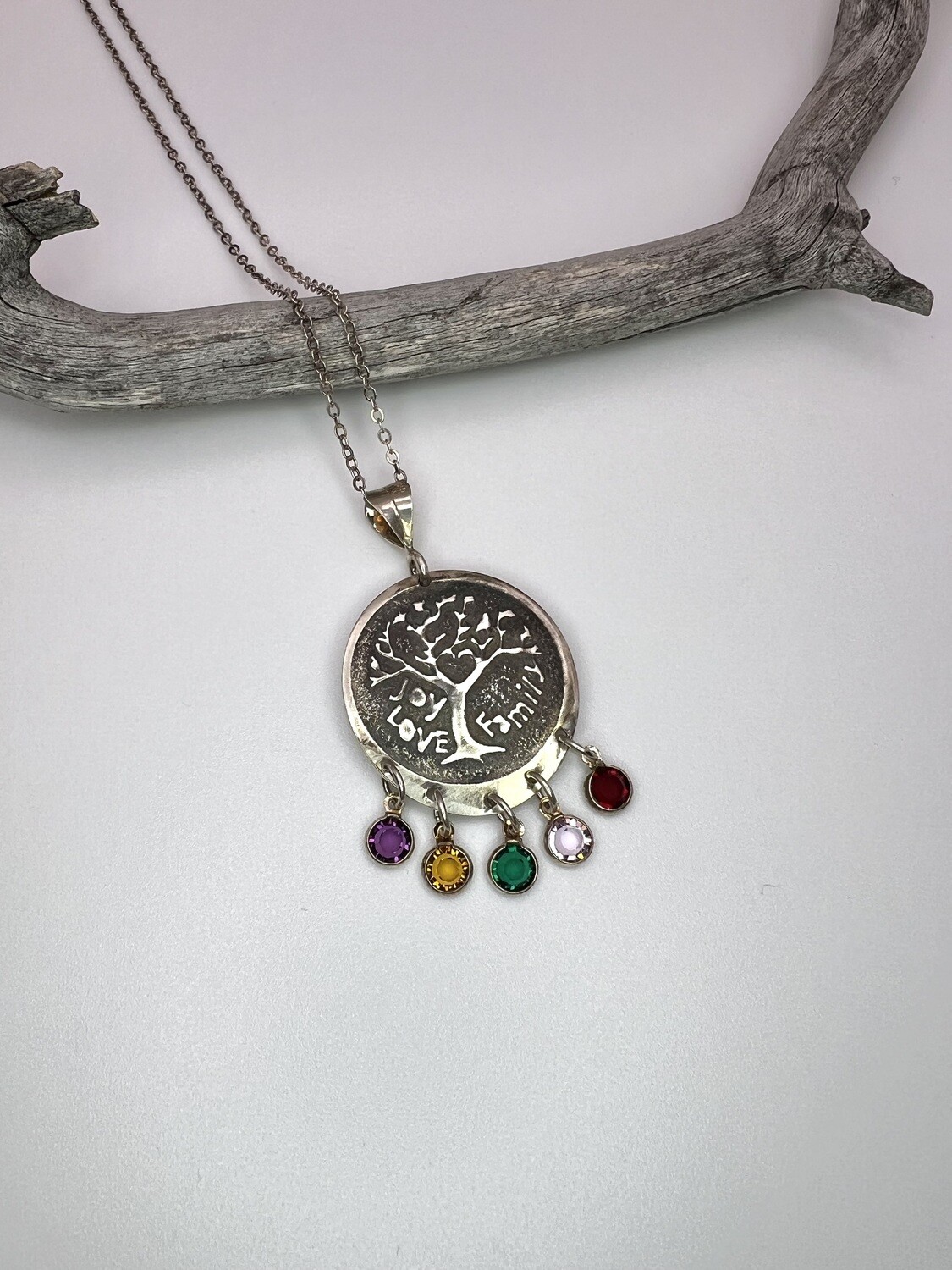 Family Tree Jewelry - Joy, Love, Family Pendant & Choice of Birthstones with Necklace Options