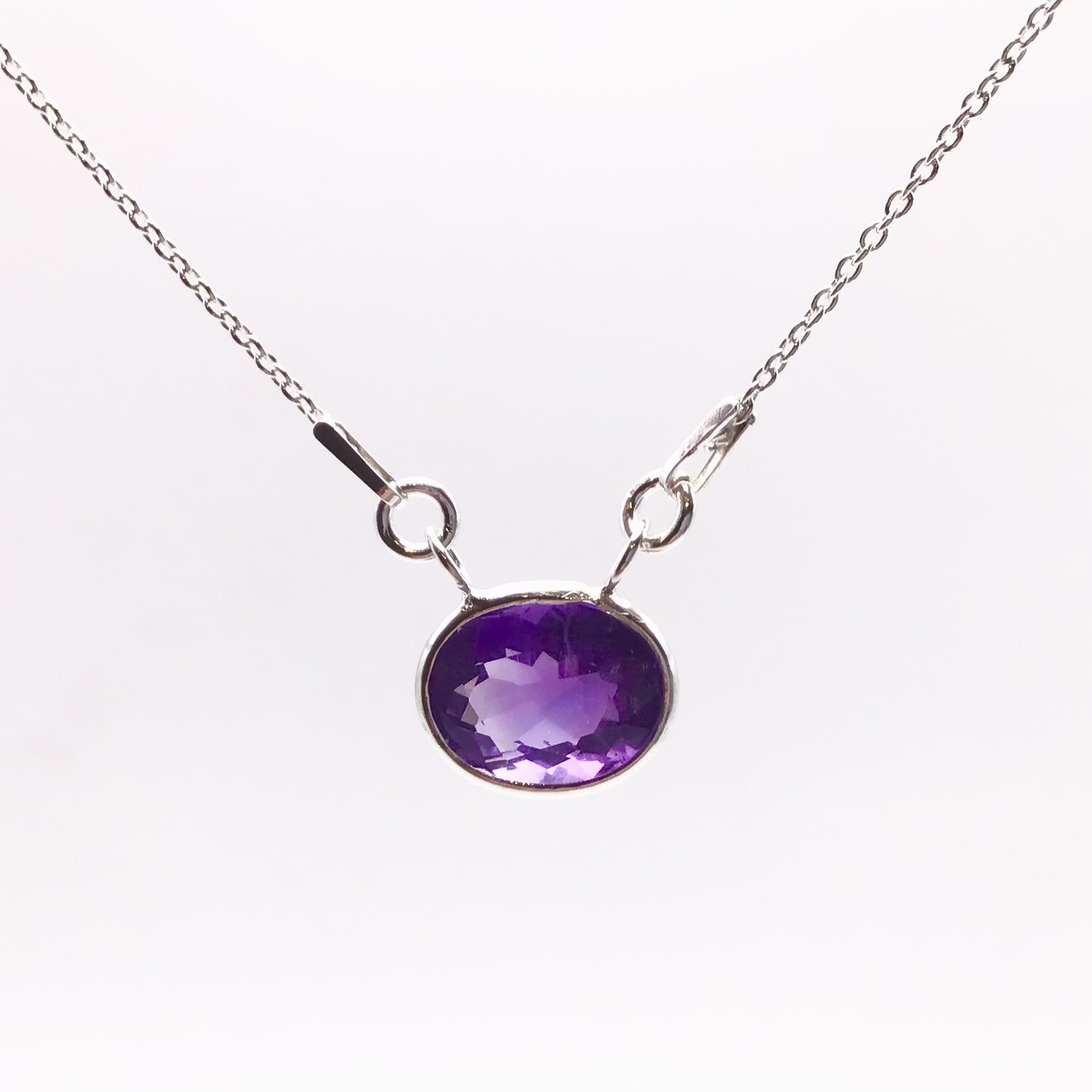 One of a Kind Oval Cut Amethyst Sterling Silver Necklace with Customizable Chain Option