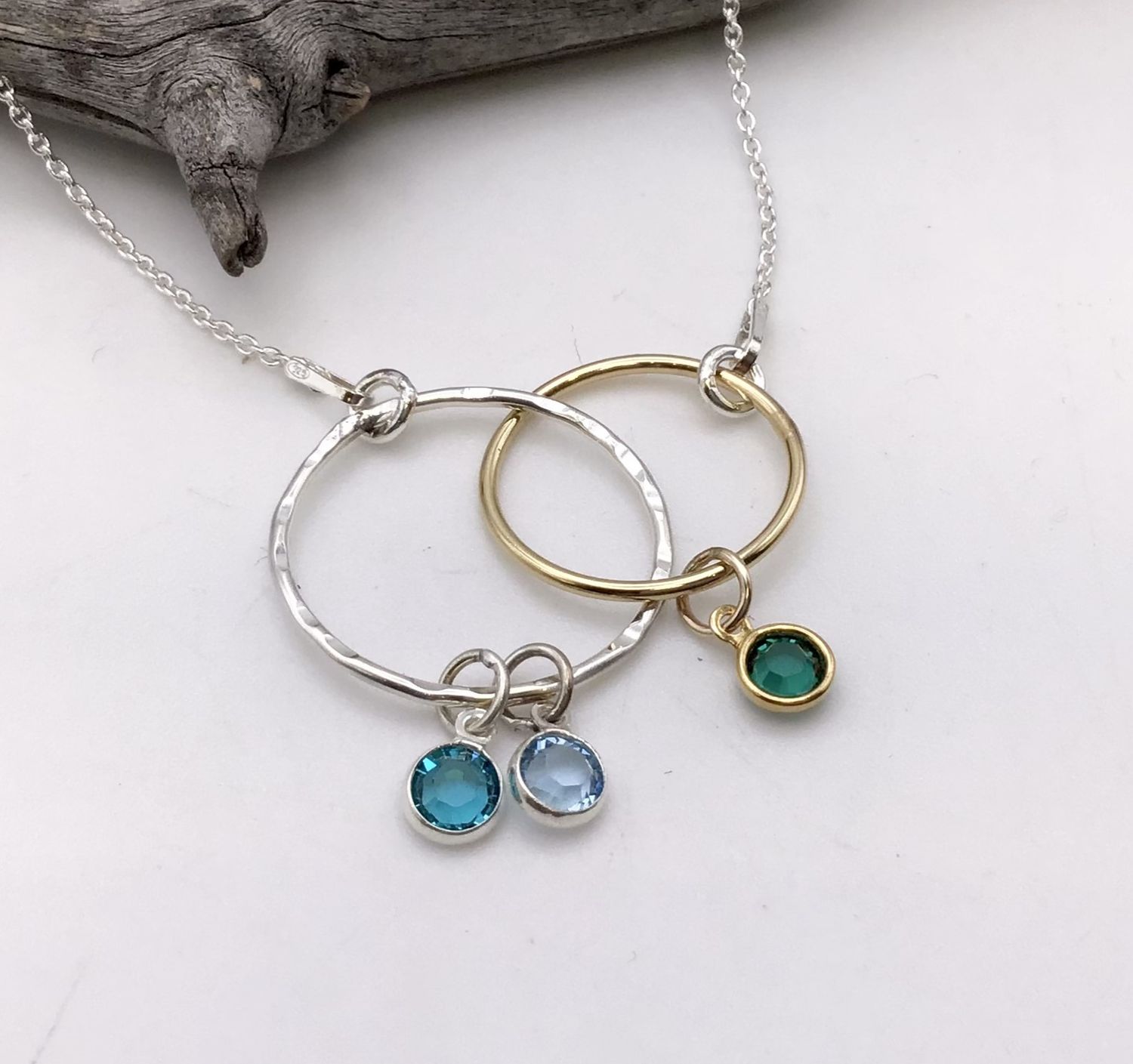 Mixed Metal Linked Hoops Necklace with Birthstones Mixed Metal Linked Hoops Necklace with Birthstones
