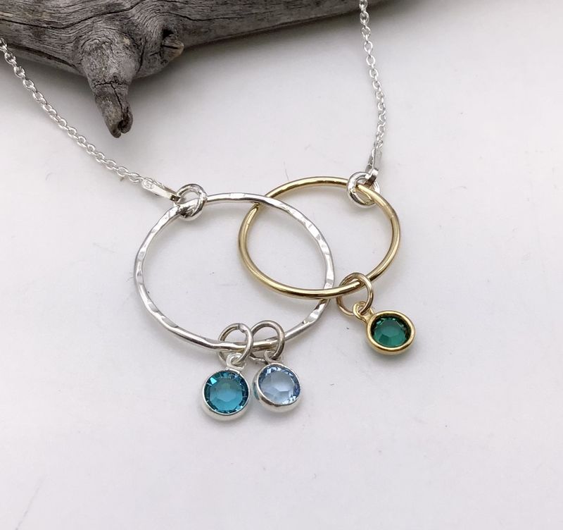 Mixed Metal Linked Hoops Necklace with Birthstones Mixed Metal Linked Hoops Necklace with Birthstones