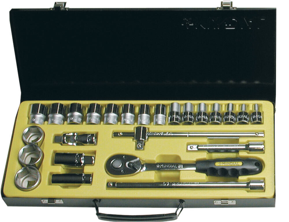Cassetta 25 bussole e accessori MUNDIAL in metallo 1/2&quot;