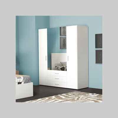 ARMADIO DUE ANTE CON SPECCHIO E TRE CASSETTI &#39;PATRICK&#39; BIANCO cm 154x50x176h