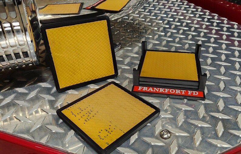 Retired Fire Hose Coasters         (set of 4) with Customized Holder