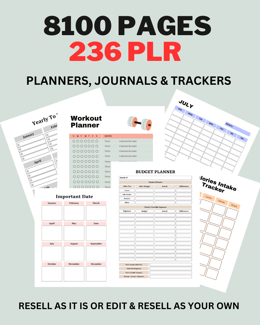 (8100Pages) 236 PLR Printable Journals, Trackers &amp; Planners Bundle