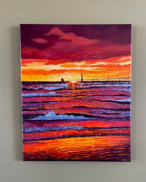 Sunset At The Lighthouse, acrylic painting
