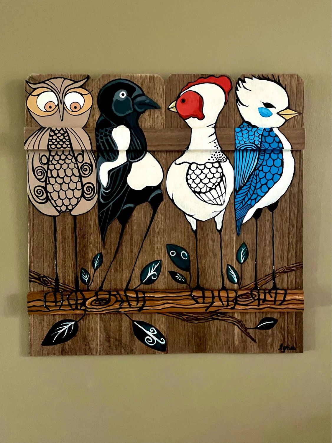 Four Funky Birds, Pallet Sign Painting
