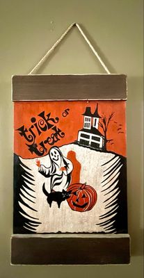 Ghost &amp; Cat Trick Or Treat Painted Sign
