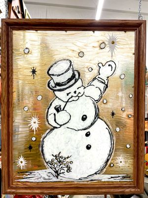 Vintage Snowman Glass Painting
