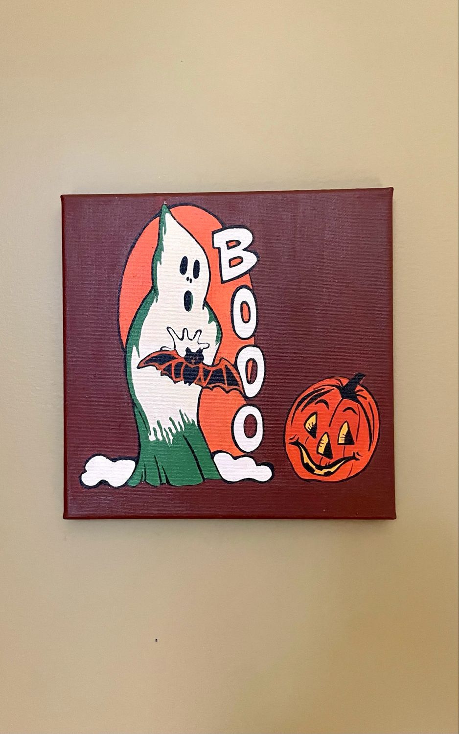 Vintage Boo: Original 8x8 Retro Ghost & Pumpkin Acrylic Painting Vintage Boo: Original 8x8 Retro Ghost & Pumpkin Acrylic Painting