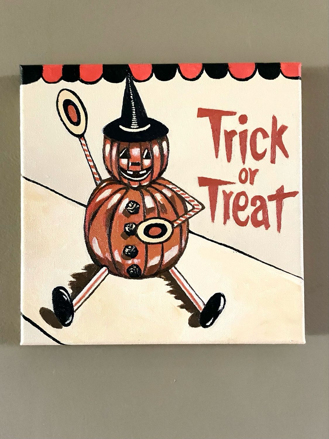 intage 1930s Inspired "Trick or Treat" Pumpkin Man Original Acrylic Painting