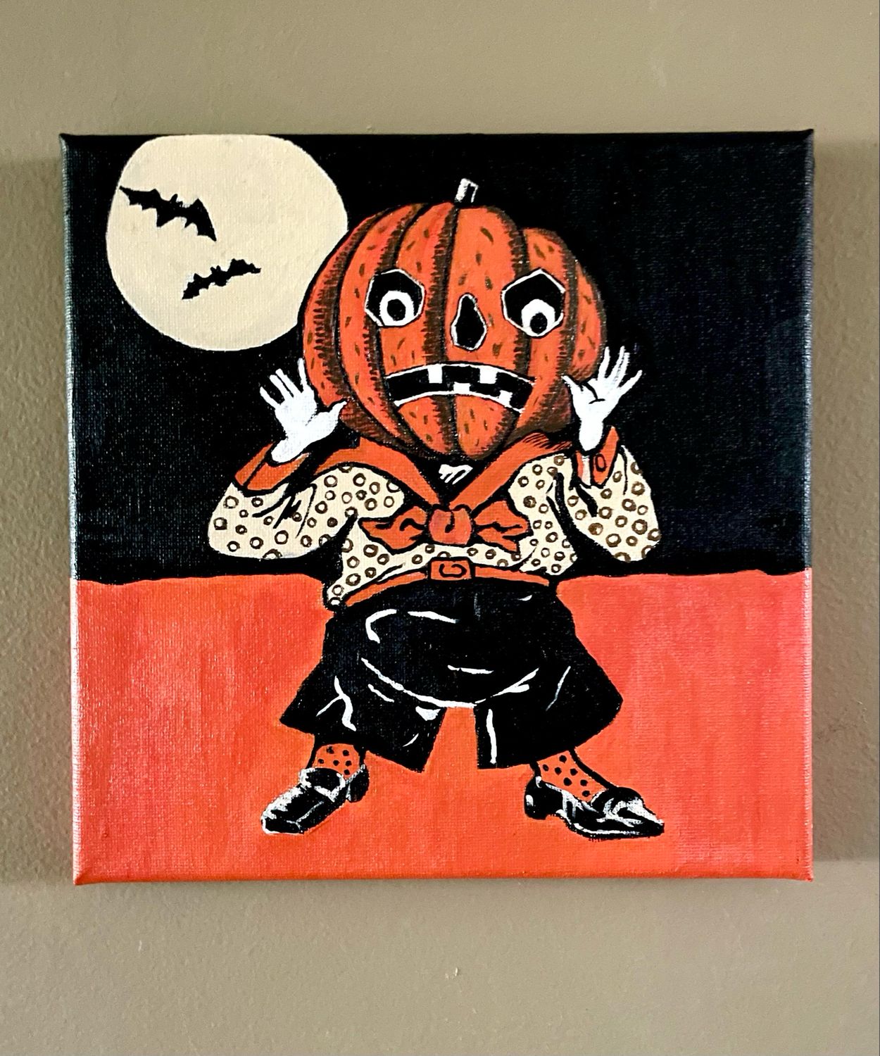Retro 1930s Inspired “Startled Pumpkin Boy” Original Acrylic Painting