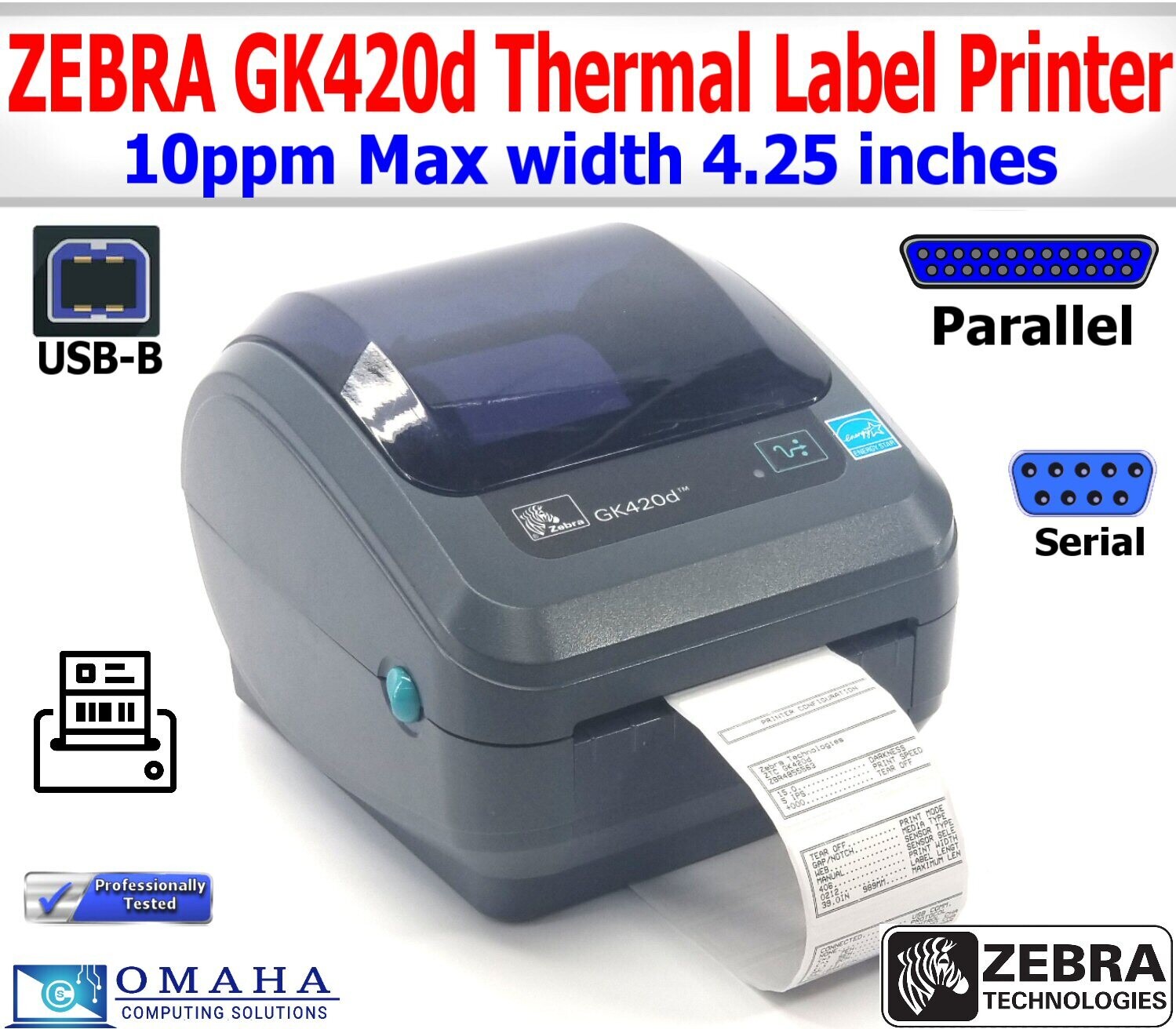 ZEBRA GK420D DIRECT THERMAL LABEL PRINTER USB PARALLEL SERIAL CABLES AND LABELS