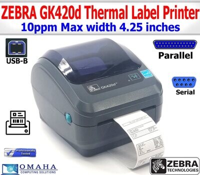 ZEBRA GK420D DIRECT THERMAL LABEL PRINTER USB PARALLEL SERIAL CABLES AND LABELS