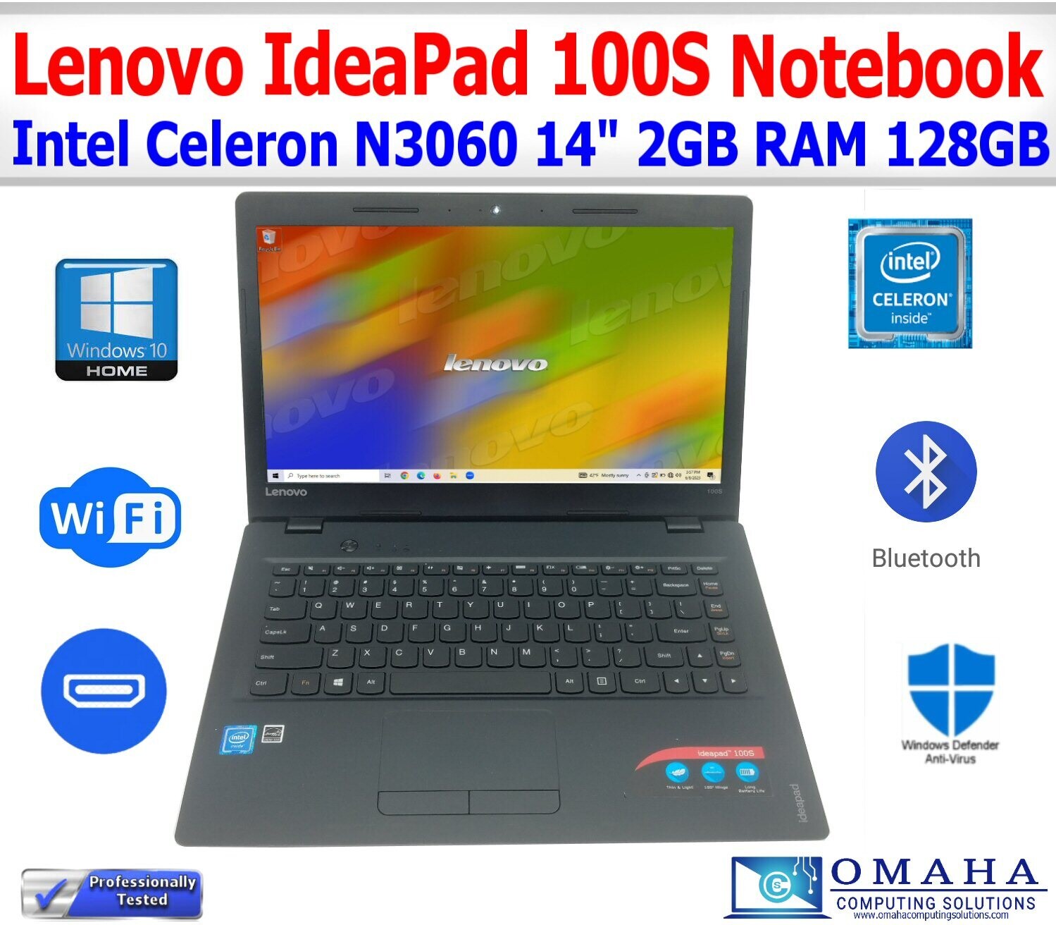 LENOVO IDEAPAD 100S LAPTOP INTEL CELERON N3060 14" 2GB RAM 128GB WIN10 WIFI