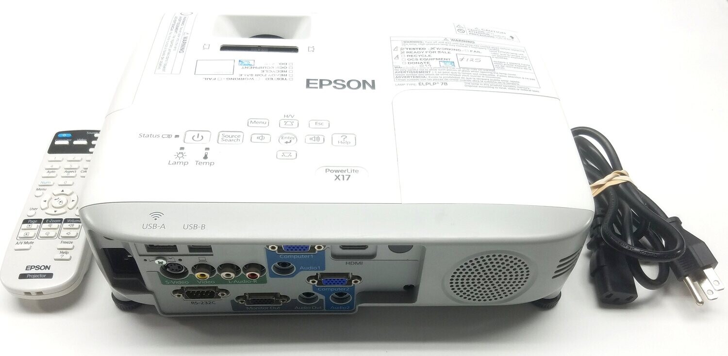 EPSON POWERLITE X17 XGA 3LCD PROJECTOR W/REMOTE TESTED WORKING 371HRS