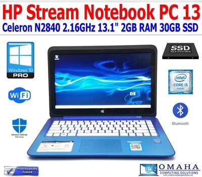 HP STREAM NOTEBOOK PC 13 CELERON N2840 2.16GHz 2GB RAM 30GB SSD 13.1" WIN10P EXTRAS TOUCHSCREEN BLUE