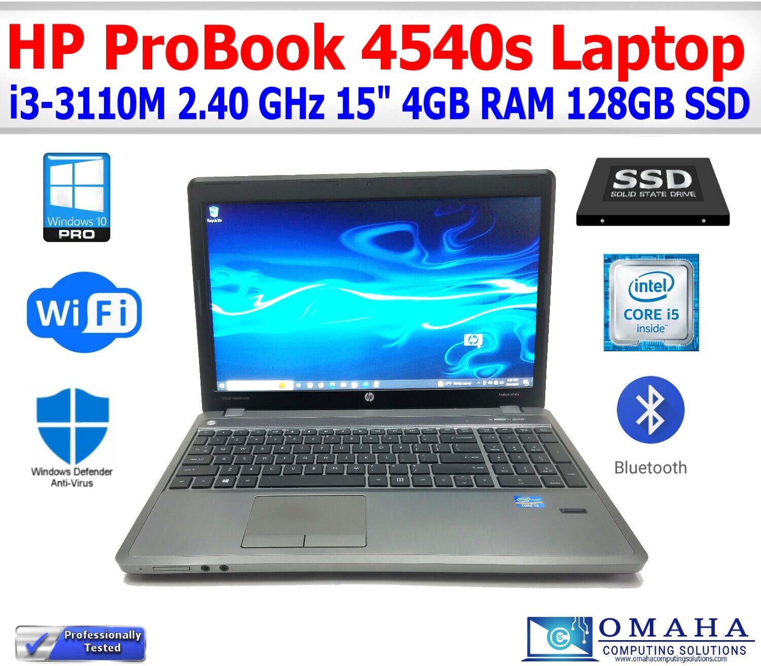 HP PROBOOK 4540s i3-3110M 2.40GHz 4GB RAM 128GB SSD DVD/RW WIFI/BT 15" INCH WIN10PRO EXTRAS