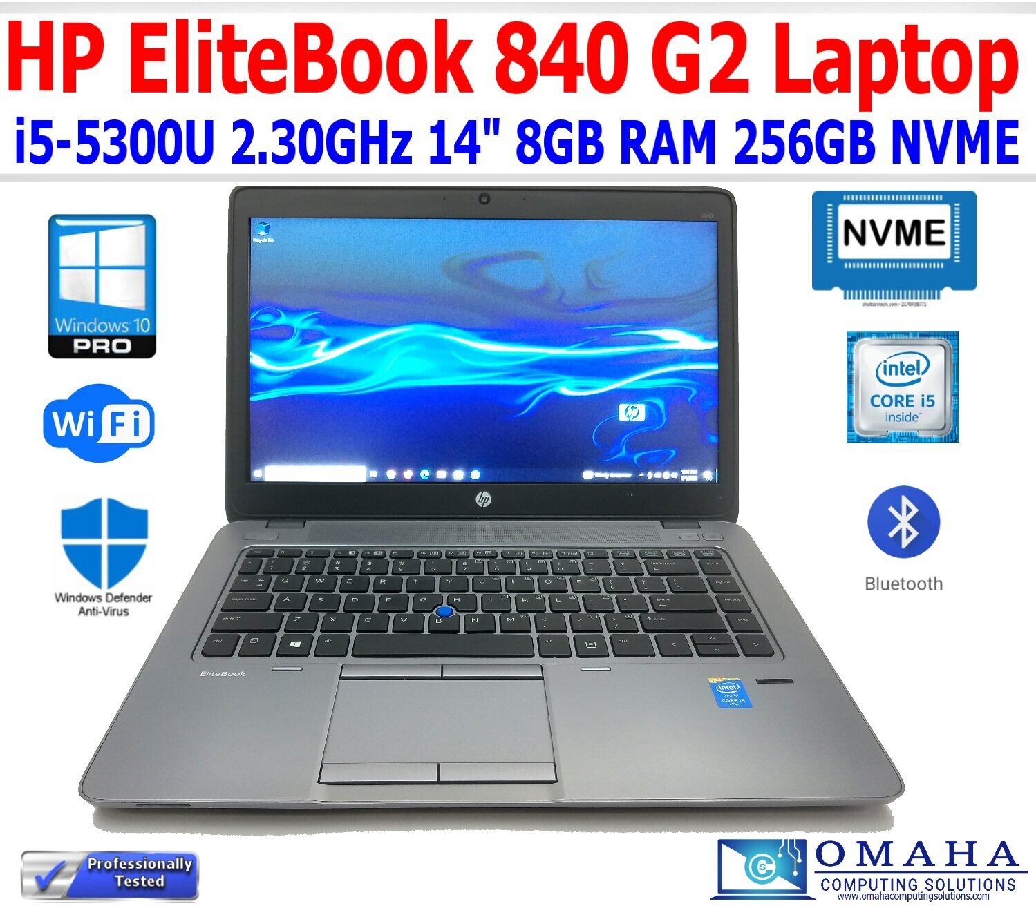 HP ELITEBOOK 840 G2 LAPTOP i5-5300U 2.30GHz 8GB RAM 256GB NVMe WIN10 PRO WIFI/BT