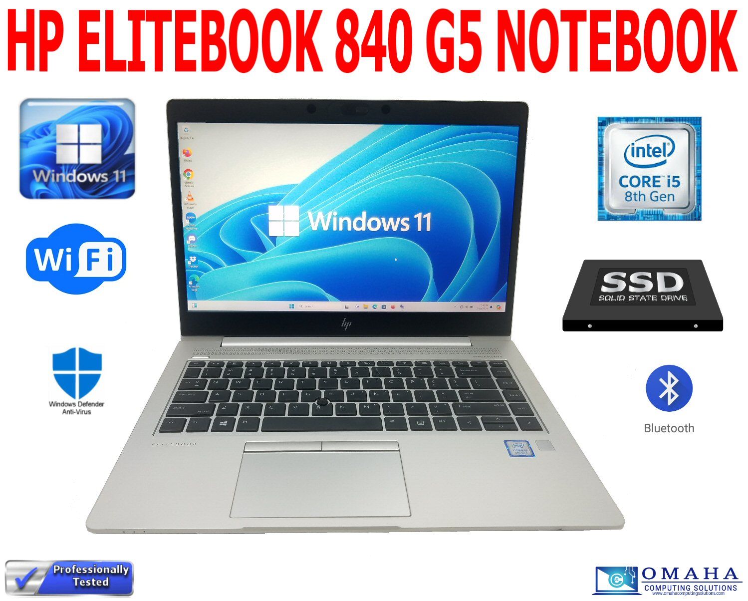 HP ELITEBOOK 840 G5 14"  i5-8250U 1.60GHz 8GB RAM 256GB SSD WIFI/BT WIN11 PRO EXTRAS