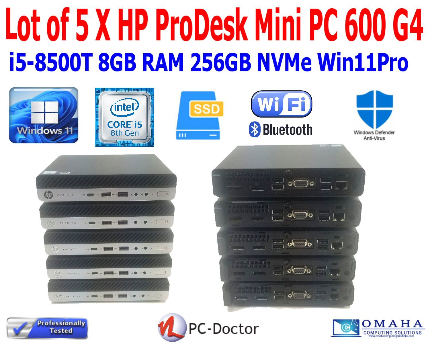 LOT OF 5 HP PRODESK 600 G4 MINI PC i5-8500T 8GB RAM 256GB SSD WIN 11 PRO WIFI BT EXTRAS