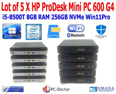 LOT OF 5 HP PRODESK 600 G4 MINI PC i5-8500T 8GB RAM 256GB SSD WIN 11 PRO WIFI BT EXTRAS