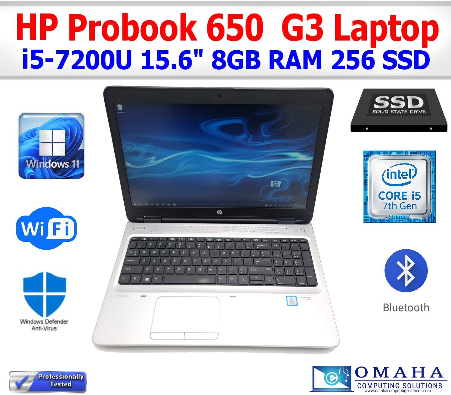 HP ELITEBOOK 650 G3 LAPTOP i5-7300U 8GB RAM 256GB SSD WIN 11 PRO 15.6" WIFI CAM EXTRAS