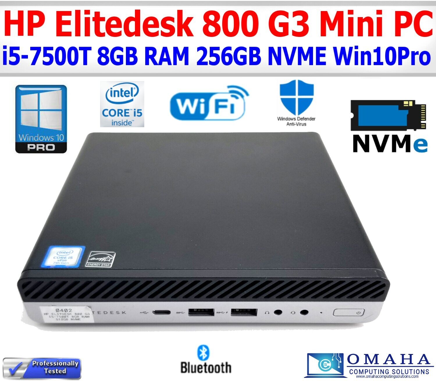 HP PRODESK 800 G3 MINI PC i5-7500T 8GB RAM 256NVMe WIN 10 PRO WIFI/BT EXTRAS