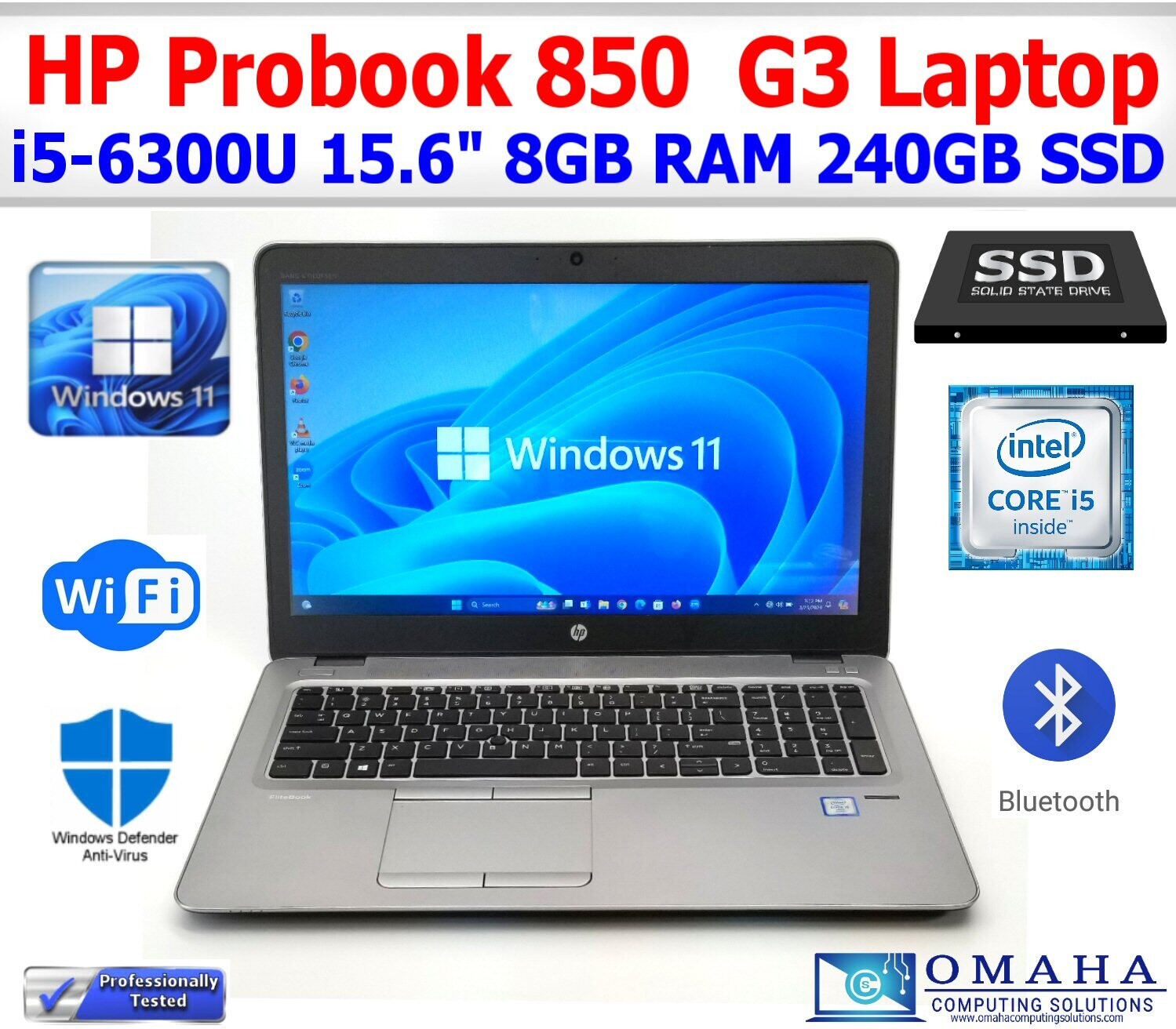 HP ELITEBOOK 850 G3 LAPTOP i5-6200U 2.30GHz 8GB RAM 240GB SSD WIN11 PRO WIFI CAM