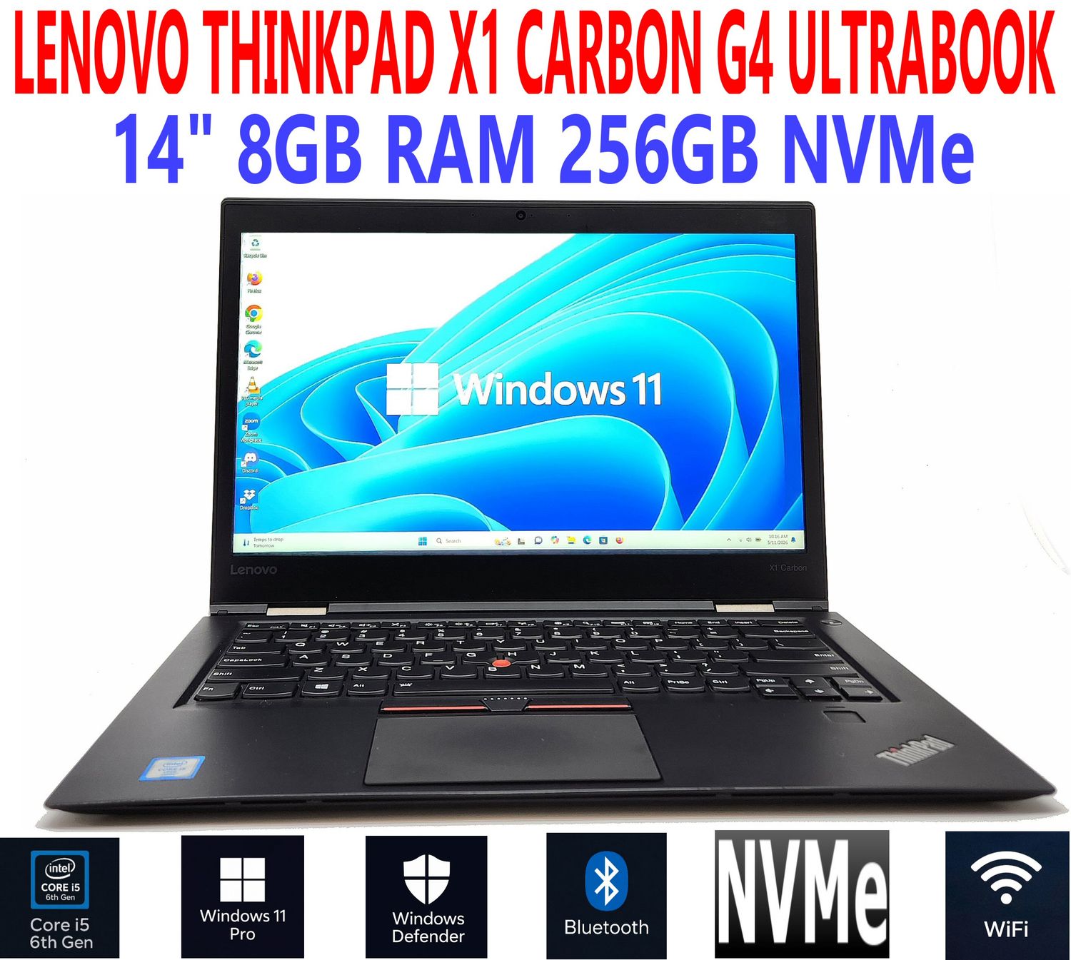LENOVO THINKPAD X1 CARBON G4 ULTRABOOK i5-6300U 2.40GHz 14" 8GB RAM 256GB NVMe WIN 11 PRO WIFI