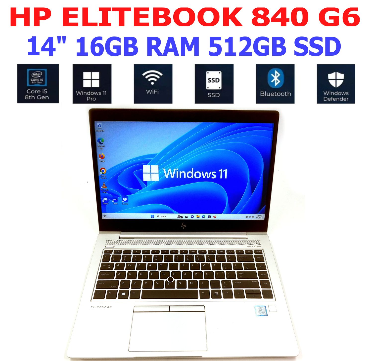 HP ELITEBOOK 840 G6 14" i5-8365U 1.60GHz 16GB RAM 512GB NVMe SSD WIFI/BT WIN11 PRO EXTRAS