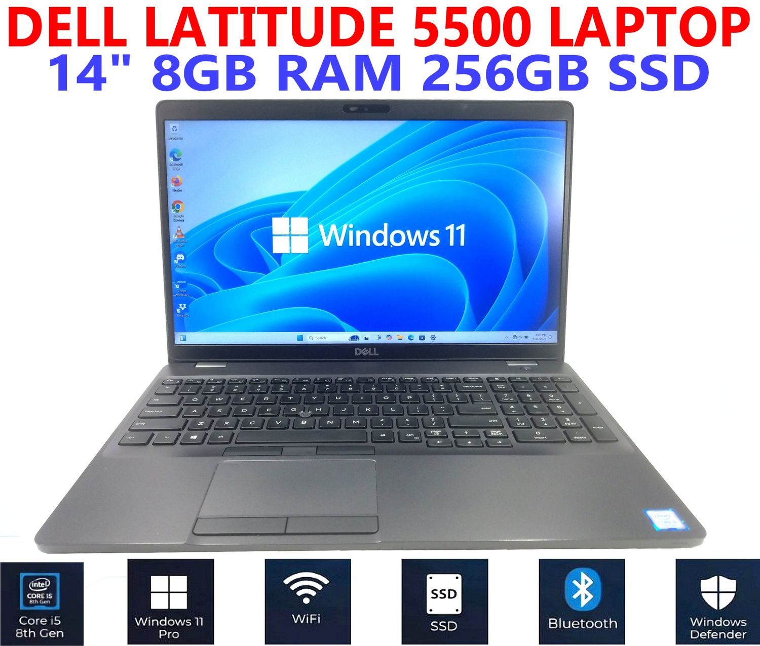 DELL LATITUDE 5500 LAPTOP i5-8265U 1.60GHz 14" 8GB RAM 256GB SSD WIN 11 PRO WIFI/BT EXTRAS